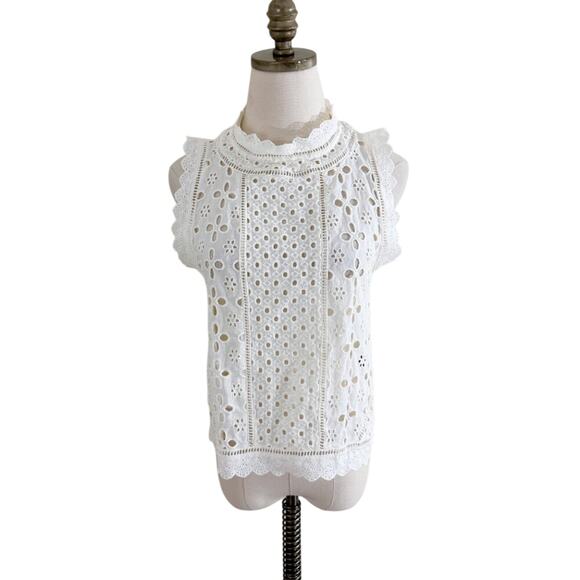 Anthro James Coviello Cream Sleeveless Eyelet Top Women's Sz M Scalloped Edges - Picture 6 of 6